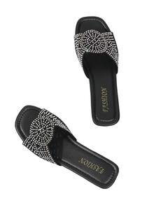 Women's Metallic Glamorous Style Rhinestone Criss-Cross Strap Slide Sandals, Party, Holiday, Wedding, Outdoor Wear, Spring/Summer, Square Toe, Metallic Plated Low Heel, Slip-On, Open Toe, Shiny - Black 4 - View 3