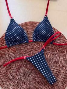 Women's Solid Color Triangle Bikini Set With Heart-Shaped Ring Decor. Features Triangle Cup Design, Spaghetti Strap, Sweet Yet . Vacation Beach Summer - Multicolor - View 1