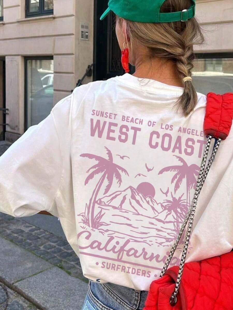 Camiseta de manga corta con cuello redondo para mujer, estilo casual de verano, con estampado de palmera y eslogan, sencilla y versátil, adecuada para uso diario. Camiseta con estampado, Top blanco, Vacaciones