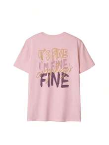 Nueva Camiseta de Verano para Mujer con Cuello Redondo en Gris Oscuro, con Estampado de Letras FINE. Tela suave, cómoda de llevar, perfecta para looks diarios. Informal - Rosa - Ver 2
