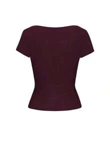 Blusa ajustada y sexy de punto para mujer , camiseta casual de cuello cuadrado de unicolor, primavera/verano - Morado - Ver 4