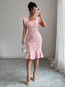 Vestido elegante de jacquard de cuello cuadrado y manga corta para uso diario, verano - Rosa - Ver 7