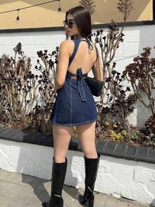 Vestido vaquero mini con espalda descubierta sexy, para verano - Azul - Ver 2