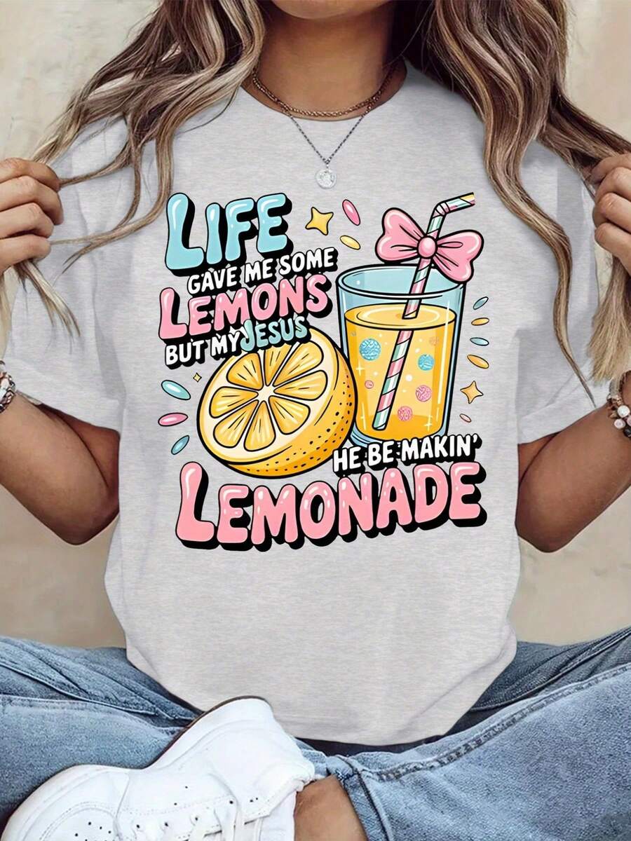 Fun Women's T-Shirt With A Christian Faith Theme - "Life Gave Me Lemons, But Jesus Made Lemonade" Design With Lemon And Lemonade Print, Casual Short-Sleeved Top With Breathable Crew Neck, Inspiring Light Yellow Christian Garment, Summer Outfit For Women. - White - View 1