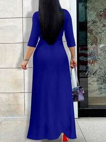 2026 Vestido azul ligero de mujer con cuello en V y cintura ceñida, elegante para primavera/verano - azul real - Ver 6