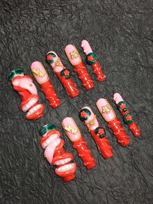 10 Pieces 5.5cm Handmade Coffin Shaped False Nails, Paired With Rhinestones, Lips, Water Droplets, And Butterfly Decorations, Designed For Women And Girls To Wear On Valentine's Day, Parties, Holidays, And Daily Wear. - Multicolor - View 3