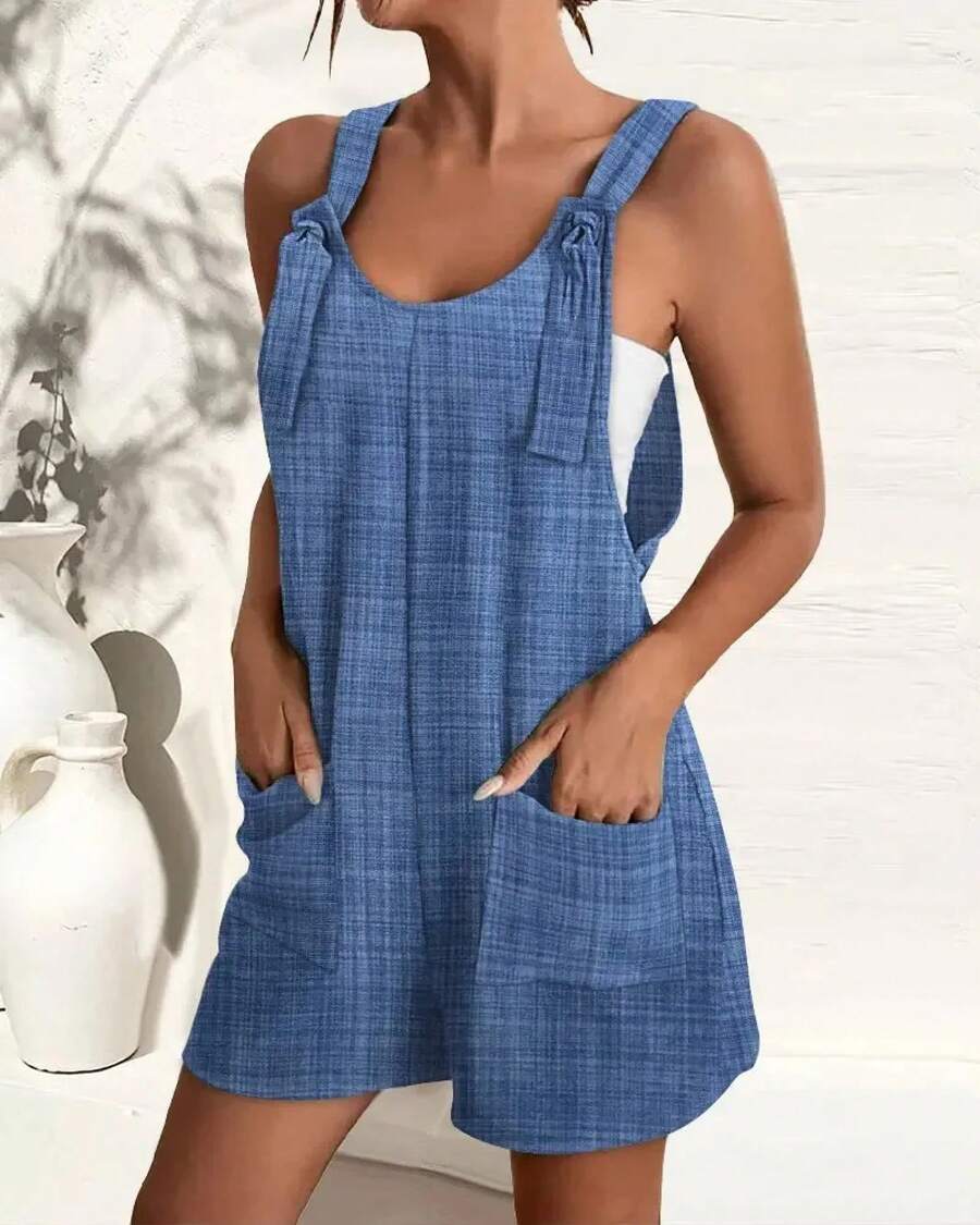 Mono sin mangas para mujer con estampado abstracto y bolsillos - Mameluco informal holgado de verano con correas ajustables - Azul - Ver 1