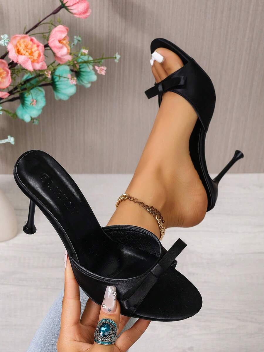 Giày sandal cao gót mũi nhọn bằng satin thắt nơ kiểu Pháp dành cho nữ, kiểu dáng đa năng. - màu đen - Xem 1