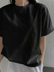 Camiseta de manga corta de ajuste holgado y cuello redondo de unicolor para verano, camiseta oversize - Multicolor - Ver 5