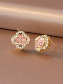1 par de pendientes de trébol de cuatro hojas de 6 colores, con piedras de circonita brillantes engastadas, montura tipo halo, diseño de trébol de cuatro hojas con gemas de colores, material chapado en oro de 18K, apto para piel sensible, regalo de cumpleaños perfecto para mujeres - Multicolor - Ver 3