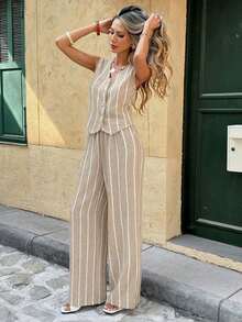 Frenchy Conjunto de 2 piezas de top sin mangas con botones a rayas y pantalones casuales para mujer - Marrón - Ver 3
