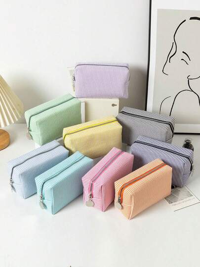 Túi xách tay bằng vải chiffon kẻ sọc có khóa kéo, túi đựng đồ vệ sinh cá nhân khi đi du lịch, túi đựng mỹ phẩm kẻ sọc, túi đựng đồ dùng học tập cho nữ, túi đi học, túi du lịch, túi đi biển/mùa hè, túi đựng mỹ phẩm cho học sinh, đồ dùng học tập.