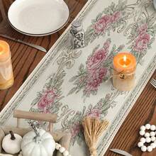 1pc French Vintage Style Polyester Rectangular White Background European Scroll Peony Floral Print Decorative Table Runner, Suitable For Dining Table, Entryway, Wedding, Afternoon Tea, All-Season Home Decor - Multicolor - View 9