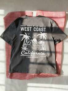 Women's Short-Sleeved T-Shirt With A Round Neck, A Casual Summer Style, Minimalist And Versatile, With A Palm Tree Print And Slogan, Suitable For Everyday Wear. Printed T-Shirt, Black, Vacation - 深灰色 - 查看 7
