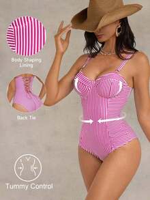 Traje de baño de una pieza con control de abdomen, con cordón, espalda descubierta, a rayas azul y blanco, con efecto push-up, para playa, resort y fiesta - Rosa - Ver 9