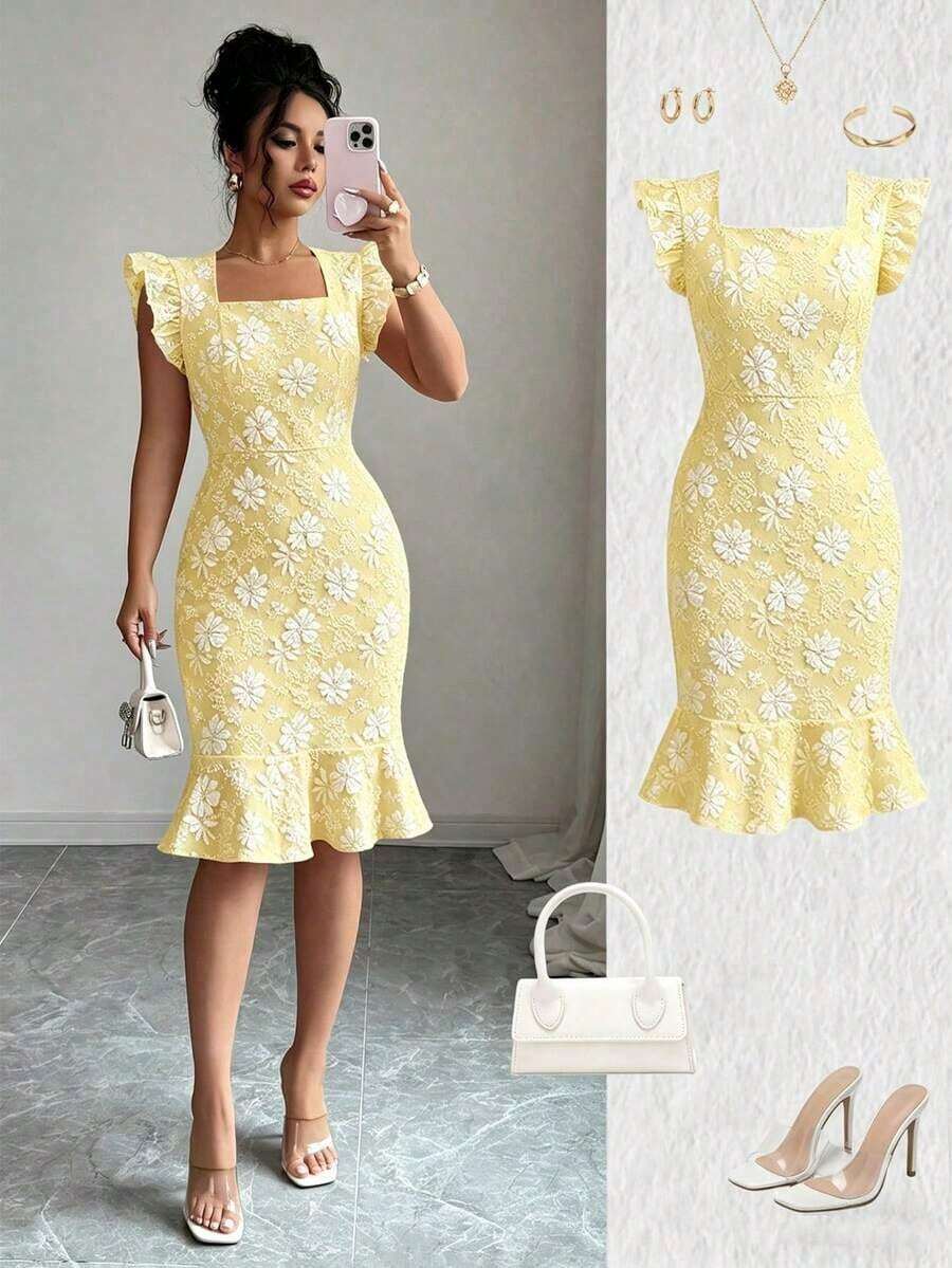 Vestido elegante de jacquard de cuello cuadrado y manga corta para uso diario, verano - Amarillo mantequilla - Ver 1