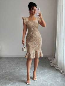 Vestido elegante de jacquard para ir al trabajo, verano - Camel - Ver 3