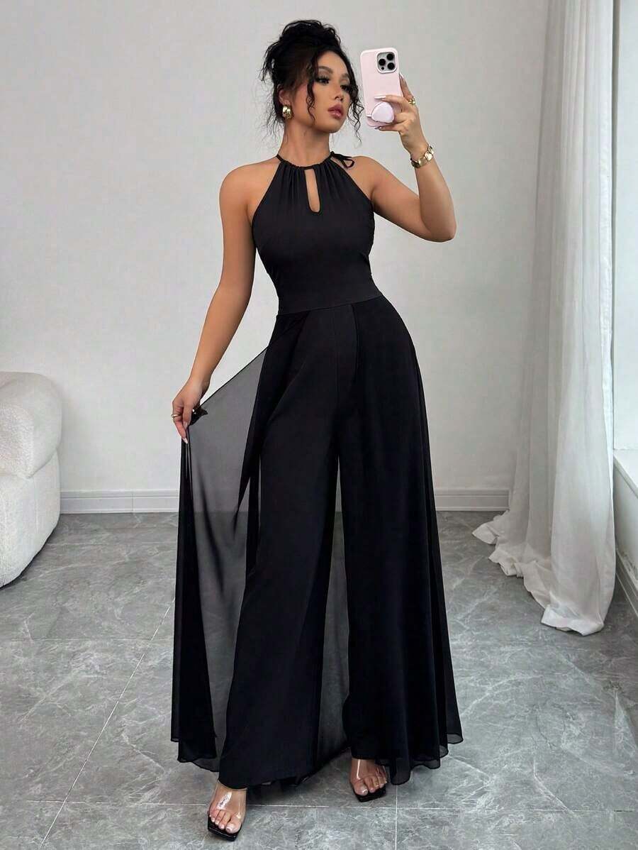 Mono elegante de mujer con cuello en V, cintura ajustable, sin mangas, de gasa con parches, y bajo translúcido - Negro - Ver 1