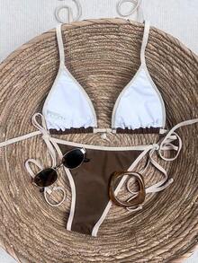 Random Floral Print Bikini Set For Beach Vacation - Marrón 2 - View 2