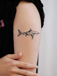 1pc Waterproof & Smudge-Proof Temporary Tattoo, PVC Fake Shark Tattoo Sticker For Daily Use - Black - View 2