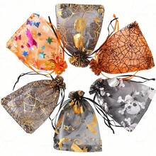 50pcs/10pcs Optional Halloween Gift Packaging Bags, Halloween Atmosphere Organza Bags Suitable For Halloween Gift Packaging, Drawstring Design For Easy Use, Various Patterns Such As Spider Web, Bat, Pumpkin, Elf, In Black And Orange Colors, Applicable For Trick Or Treat Party, Halloween Party, Holiday Decoration, Random Style - Multicolor - View 5