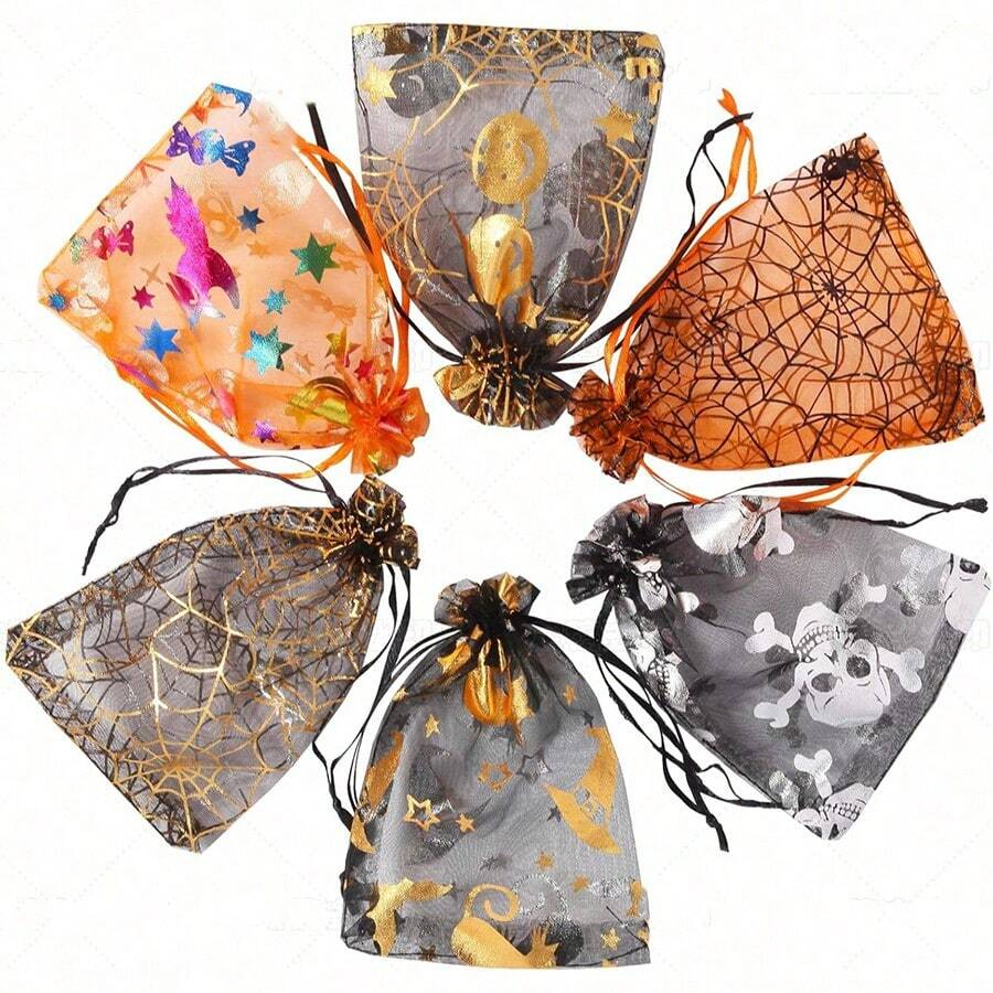 50pcs/10pcs Optional Halloween Gift Packaging Bags, Halloween Atmosphere Organza Bags Suitable For Halloween Gift Packaging, Drawstring Design For Easy Use, Various Patterns Such As Spider Web, Bat, Pumpkin, Elf, In Black And Orange Colors, Applicable For Trick Or Treat Party, Halloween Party, Holiday Decoration, Random Style - Multicolor - View 1