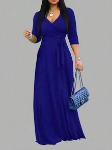 2026 Vestido azul ligero de mujer con cuello en V y cintura ceñida, elegante para primavera/verano - azul real - Ver 4