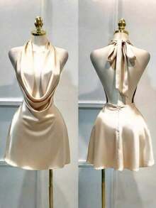 1 pieza Vestido corto de satén de unicolor y espalda descubierta, vestido de playa, vestido mini elegante para mujer, vestido casual elegante, vestido fluido, vestido corto de verano - Champán - Ver 1