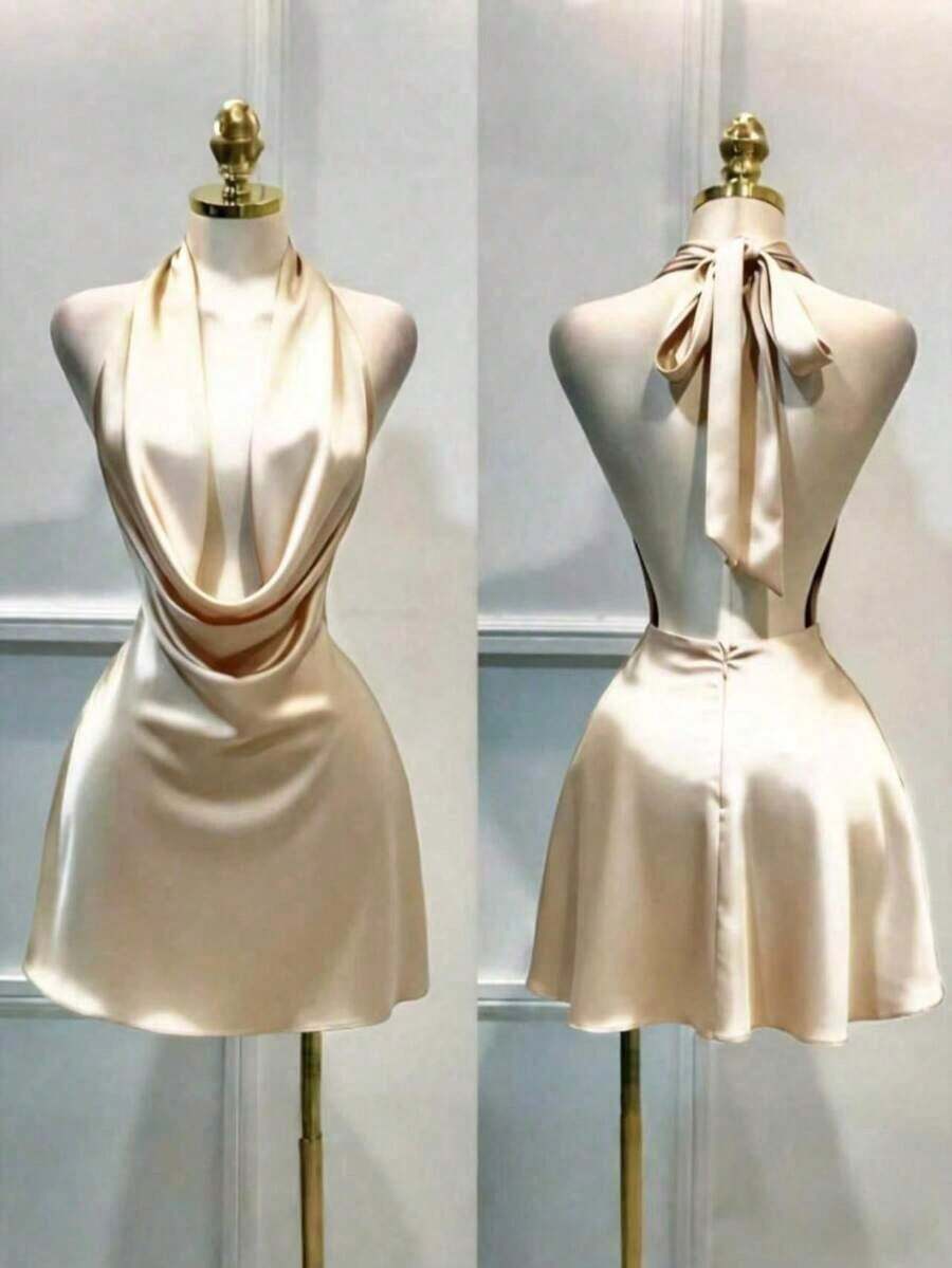 1 pieza Vestido corto de satén de unicolor y espalda descubierta, vestido de playa, vestido mini elegante para mujer, vestido casual elegante, vestido fluido, vestido corto de verano - Champán - Ver 1