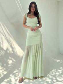 Vestido ajustado de malla verde con drapeado y volante en el bajo, elegante para mujer, apropiado para fiestas, vacaciones, festivales de música, bodas, almuerzos, Día de San Patricio, vestidos largos de estilo bohemio, vestidos de graduación, atuendos de playa, atuendos de aeropuerto - Verde - Ver 9