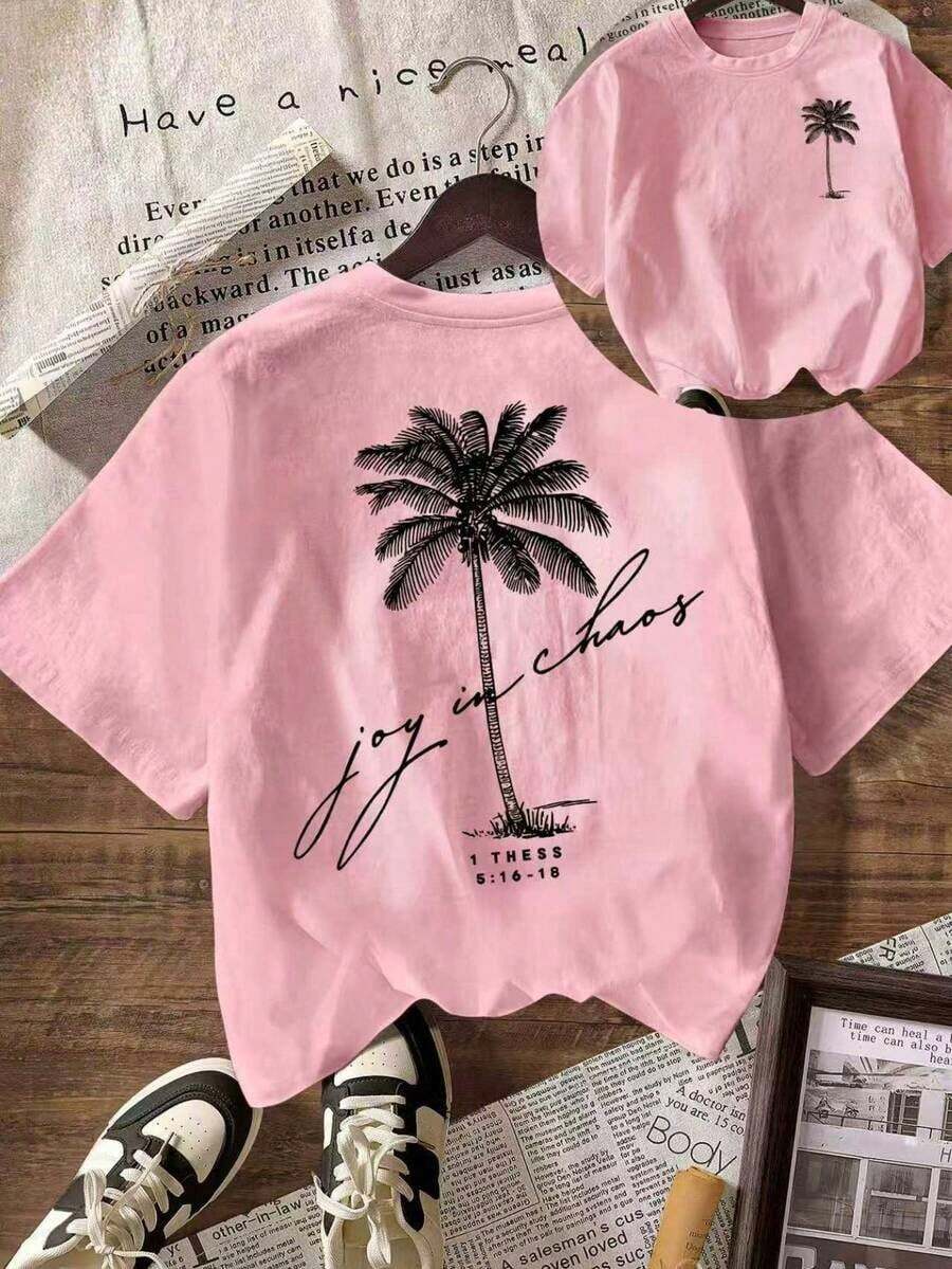 Women's Casual Summer T-Shirt With Round Neck And Short Sleeves, With Palm Tree Print, White - 淡粉紅色 - 查看 1