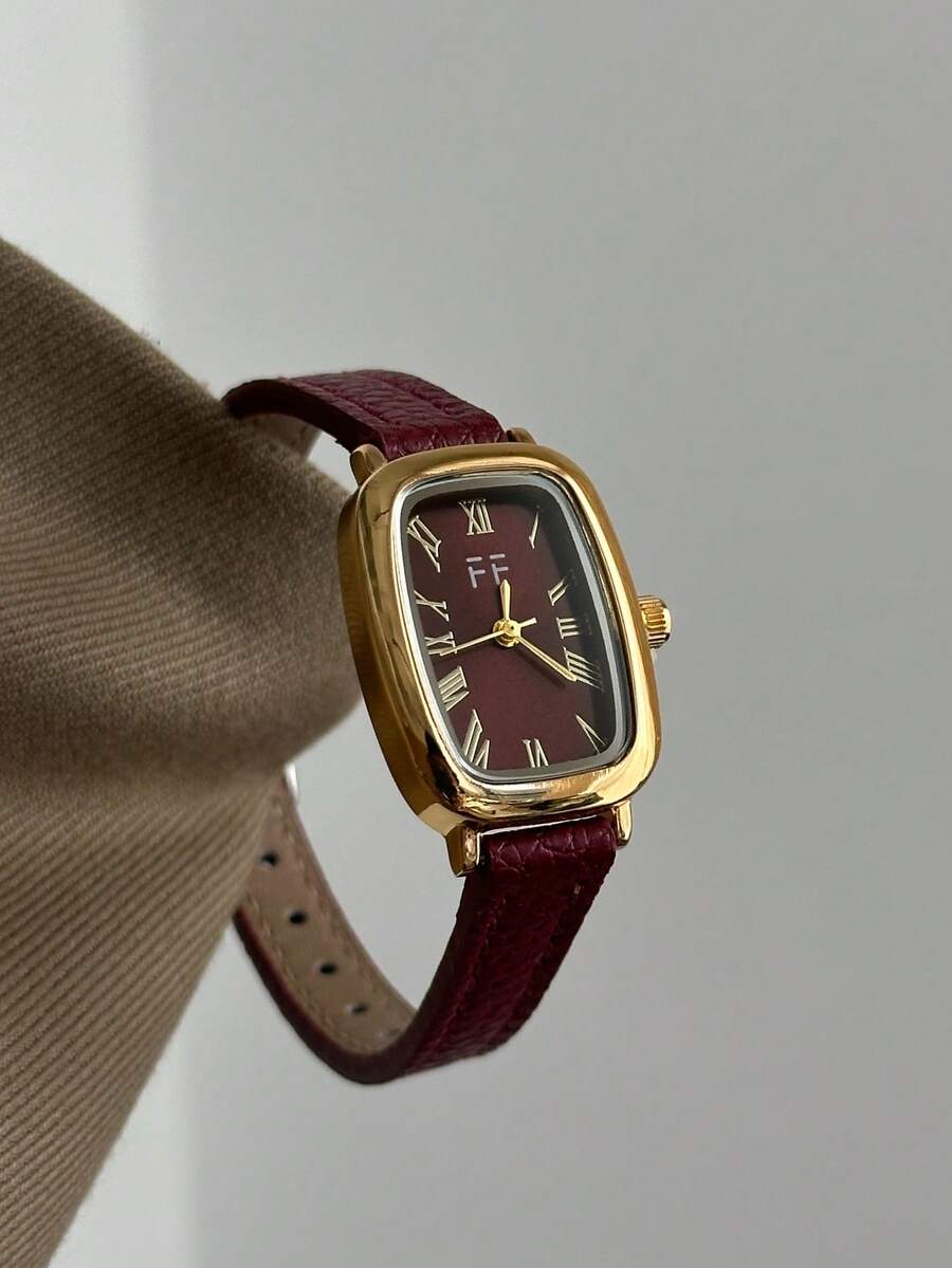 1pc Retro Style Adjustable Strap Quartz Women's Watch Elliptical With Roman Numeral Scale For Compact And Perfect For Daily - Red - View 1
