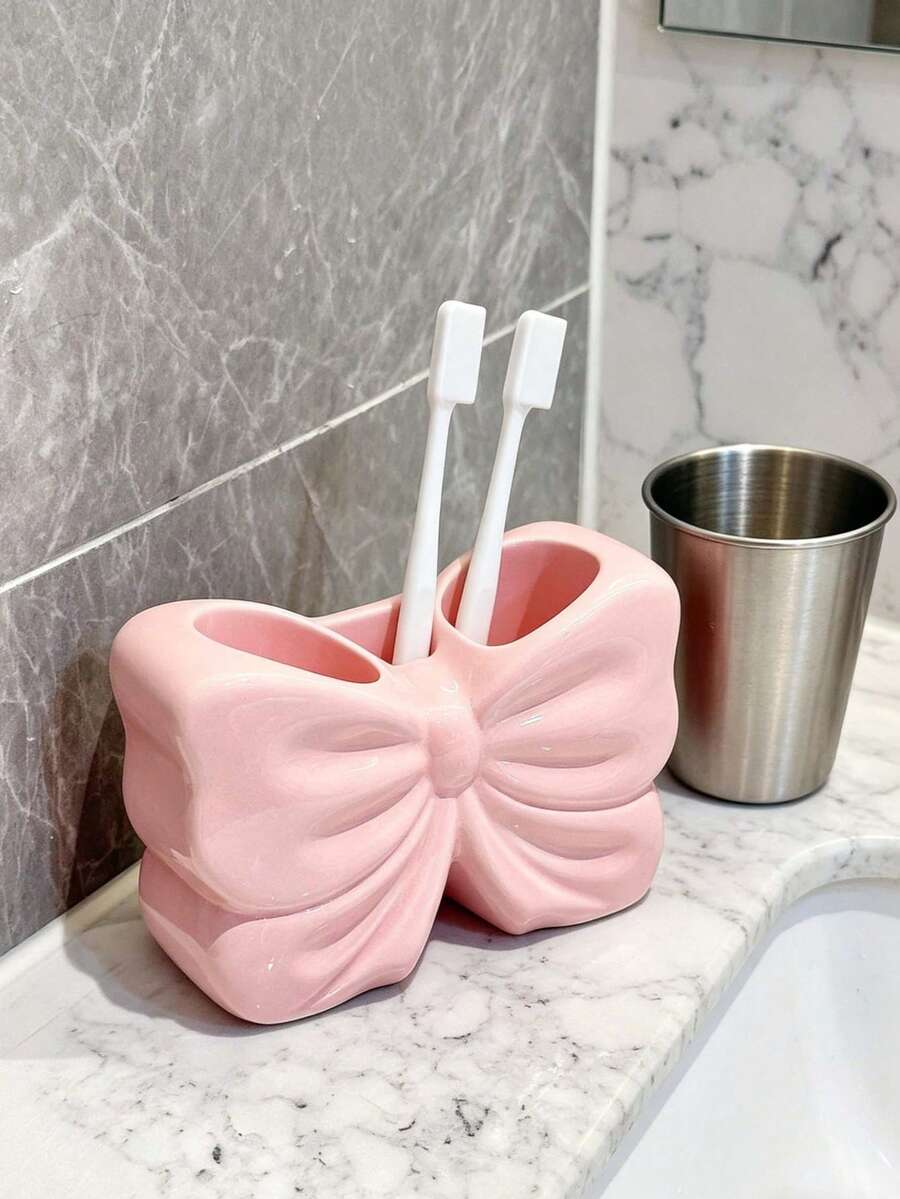 1 cái giá đựng bàn chải đánh răng phòng tắm dễ thương, phù hợp trang trí và phụ kiện phòng tắm, lưu trữ bàn trang điểm, trang trí phòng, trang trí nhà, cũng là món quà tuyệt vời cho bạn nữ - Giá đỡ bàn chải đánh răng hình nơ - Xem 1
