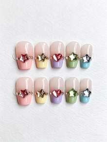10pcs Short Tapered Handmade Press-On Nails, Macaron Color French Tip With Colorful Stars And Rhinestone Accents, Cute Sweet Summer False Nails, Easy To Wear For Beginners, Reusable, Suitable For Daily And Vacation Outfits - Multicolor - View 2