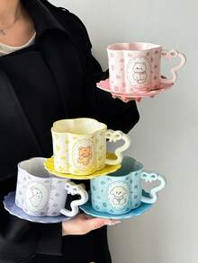 Bộ 1 tách và đĩa cà phê chất lượng cao, cốc sứ hoạt hình dễ thương dành cho nữ, thiết kế hình thỏ/gấu/chó/mèo, thích hợp dùng trong nhà, uống trà chiều, sữa, latte, món quà lý tưởng cho bạn gái, mẹ. - Nhiều màu - Xem 13