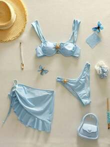 2026 Conjunto de traje de baño tipo tankini de 3 piezas de unicolor, con diseño de tirantes anchos y soporte con aros, estilo de playa de moda, perfecto para vacaciones en la playa y fiestas en la piscina durante el verano - Amarillo - Ver 10