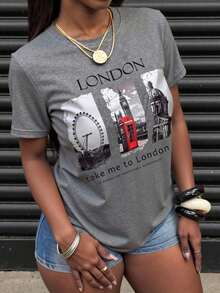 Free Shipping, Local Delivery In Mexico, 4-Day Delivery. Short-Sleeve Crew Neck T-Shirt With Letter And Landscape Print For Casual Summer Wear. Take Me To London BUSY AND FASHIONABLE METROPOLIS Graphic T-Shirts For Women. - 灰色的 - 查看 5
