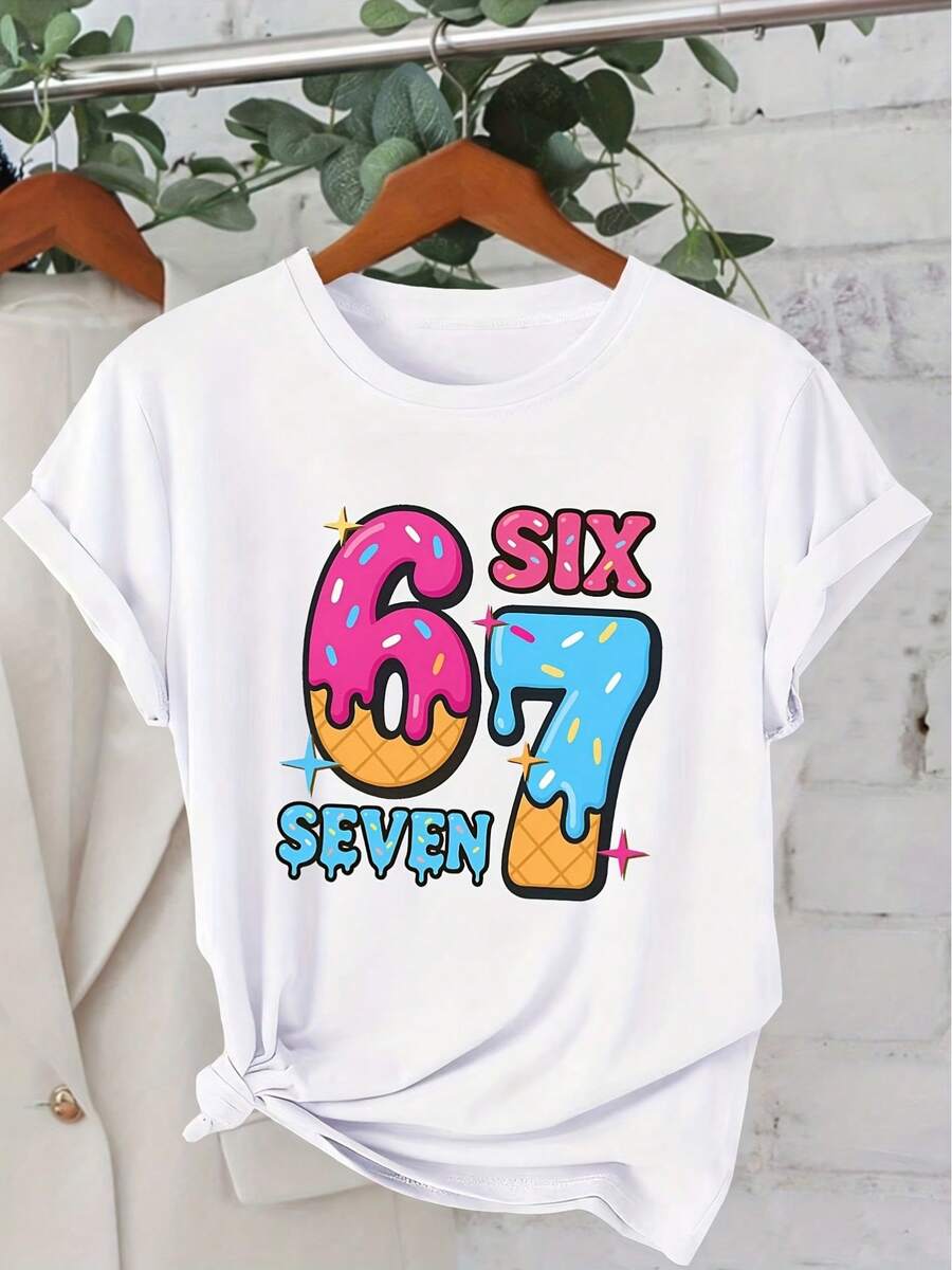 1 pieza de camiseta de punto para mujer, color rosa helado, modelo No. 67, con diseño de azúcar rociada - top casual de cuello redondo, suave y elástico, un conjunto lindo adecuado para uso diario casual y ocasiones especiales, estilo de cobertura lavable a máquina, apto para varios tipos de cuerpo, 180g 100% algodón. - Blanco - Ver 1