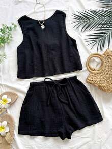 Top sin espalda con textura y lazo, holgado y casual para vacaciones, shorts casuales con elástico en la cintura y bolsillos, para playa y mar - Negro 2 - Ver 3