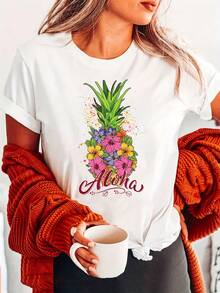 Camiseta de Mujer con Estampado de Piña y Hibisco Hawaiano - Blusa de Manga Corta con Cuello Redondo y Diseño de Flor de Hibisco y Piña, Blusa Semitransparente para Ropa de Playa, Conjuntos de Verano y Primavera, Ropa de Estilo Hawaiano Lavable a Máquina - Negro - Ver 6