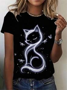 100% cotton Camiseta Holgada de Verano Transpirable, Camiseta con Estampado Elegante de Gato, Blusas Casuales de Moda para Mujer, Ropa de Mujer - Negro - Ver 1