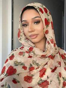 1pc Women Bohemian Scarf, Floral Watercolor Print, Elegant Versatile Shawl Headscarf For Daily Casual Wear,Travel Essential,Beach Towel - Red Rose Floral Print - View 4