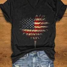 Plus  Size Soft Stretchy Patriotic American Flag Fireworks Display V-Neck T-Shirt - Machine Washable Casual Style  All Seasons Women Size L-3XL 4XL 5XL - 紅色 - 查看 6