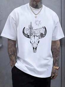 Camiseta Casual Hombre con Estampado de Cráneo de Toro y Cactus del Desierto,Diseño Original y Fresco,220g,Ideal para el Verano - Blanco - Ver 1