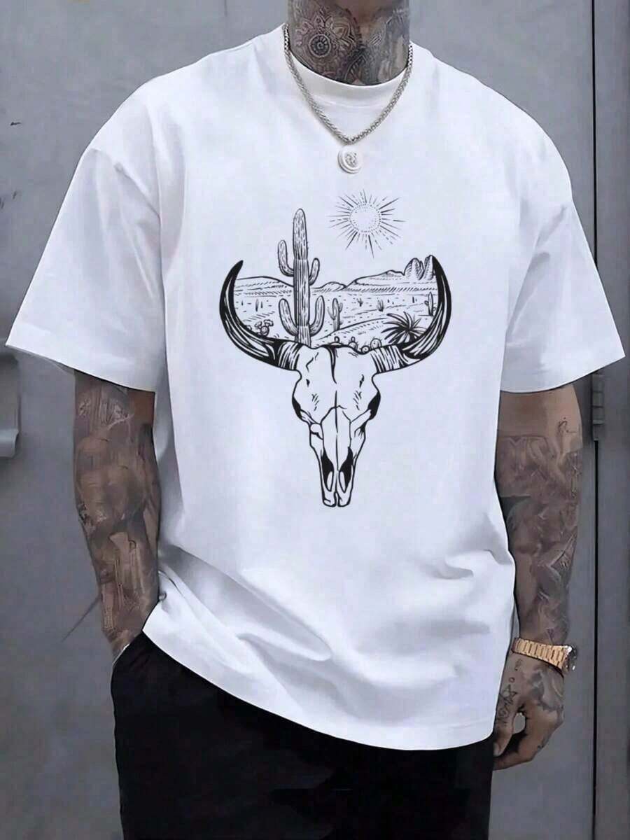 Camiseta Casual Hombre con Estampado de Cráneo de Toro y Cactus del Desierto,Diseño Original y Fresco,220g,Ideal para el Verano - Blanco - Ver 1