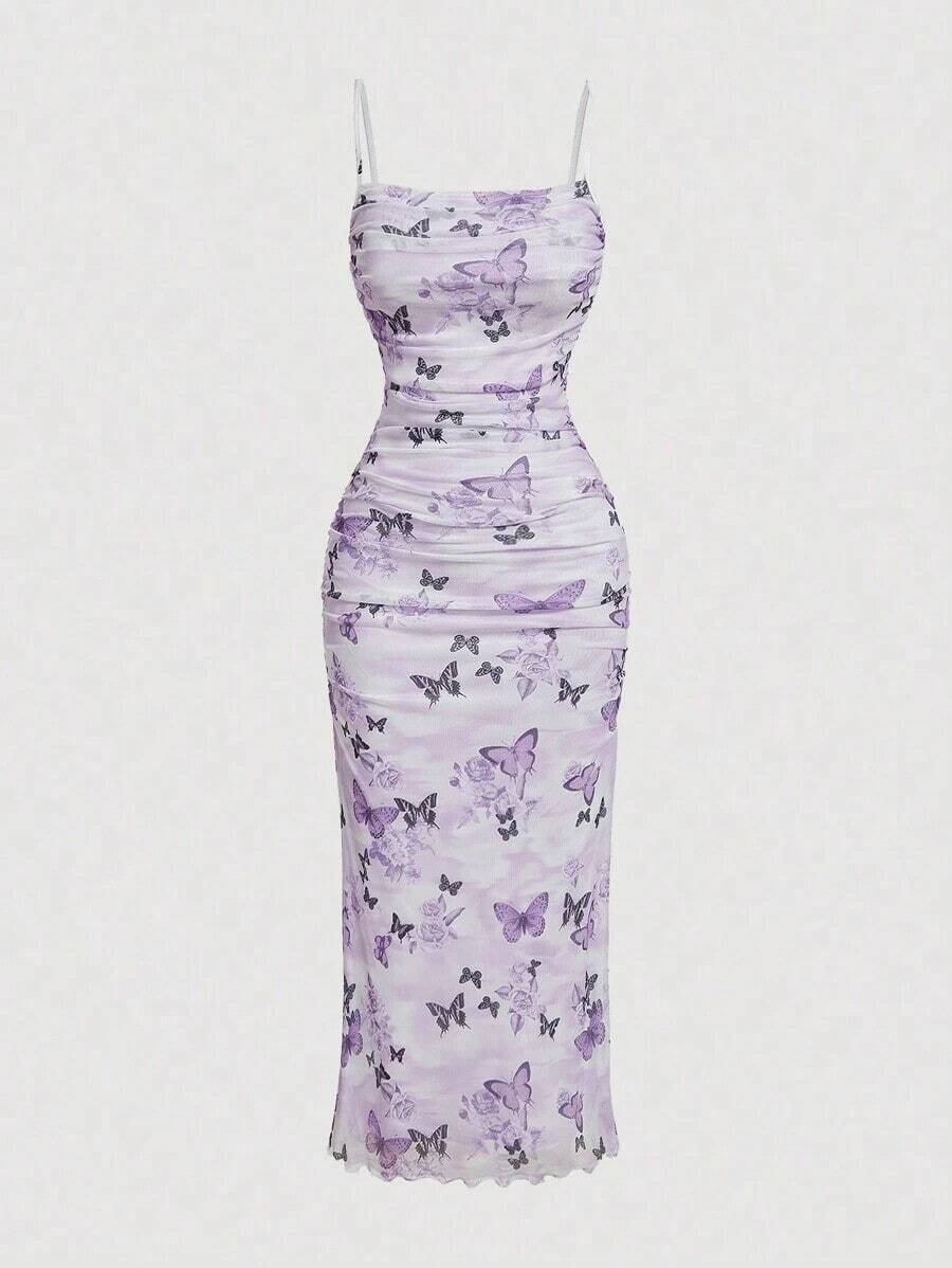 Vestido ajustado de malla con volantes y estampado floral para mujeres, vestidos elegantes para mujeres, ropa de mujer, vintage, ropa hippie, vestido para baile de máscaras - Morado - Ver 1
