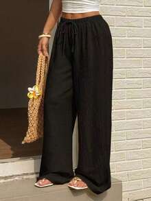 Plus Size Women Summer Casual Loose Solid Color Wide Leg Pants Black - Black - View 4
