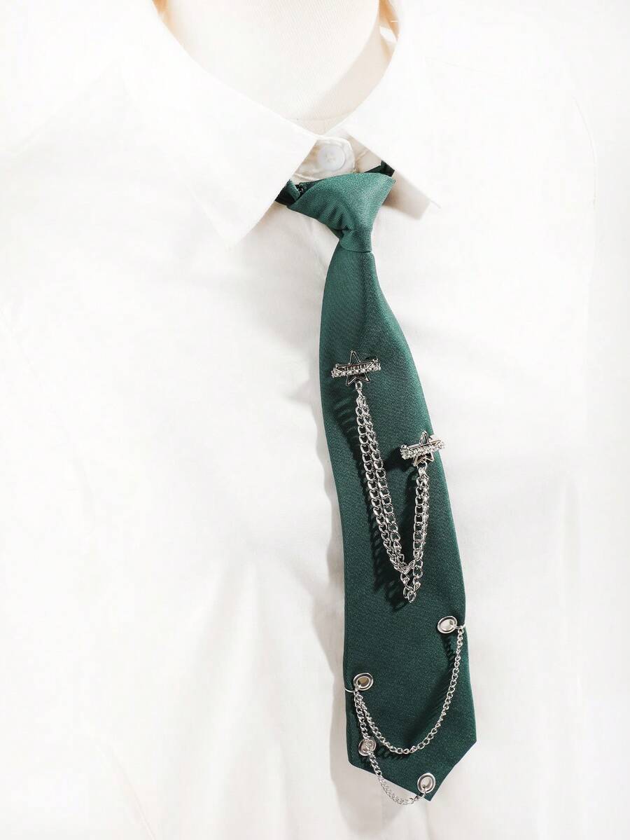 1pc Unisex Dark Green Star Rhinestone Chain Tie, Suitable For Sweet & Cool JK Uniform Outfit - Dark Green - View 1
