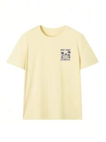 Women's Short-Sleeved T-Shirt With A Round Neck, Casual Summer Style, Minimalist And Versatile Palm Tree Print, Suitable For Everyday Wear. Printed T-Shirt, White Top For Women, Black Top, Pink Top, Vacation Outfit - 黃色 - 查看 4