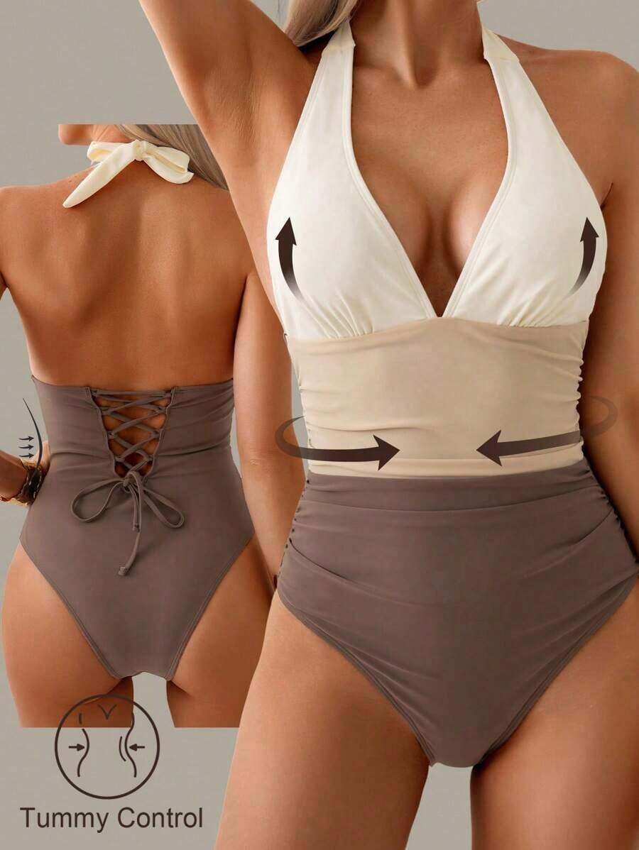 Traje de baño de una pieza con control de abdomen, estilo minimalista de unicolor, con escote halter y espalda descubierta, para vacaciones de verano en la playa - Multicolor 4 - Ver 1